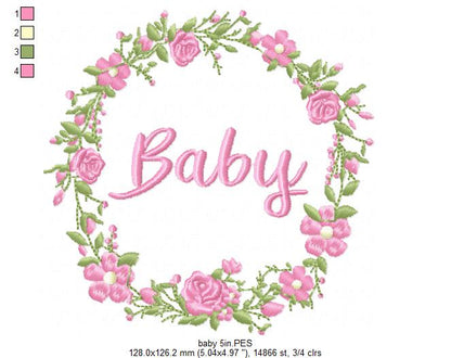Baby Word Flowers Frame - Fill Stitch - Machine Embroidery Design