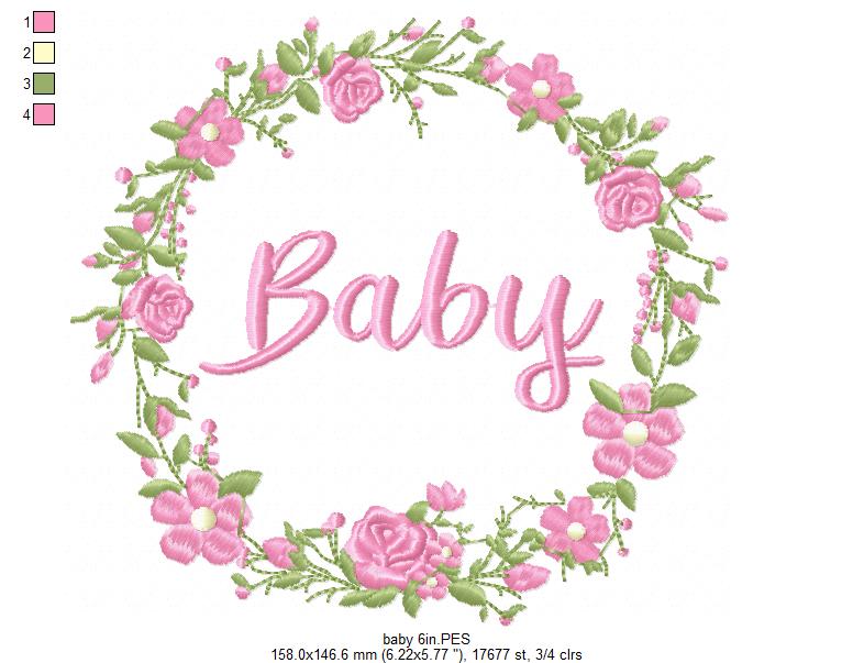 Baby Word Flowers Frame - Fill Stitch - Machine Embroidery Design