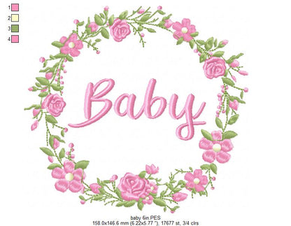 Baby Word Flowers Frame - Fill Stitch - Machine Embroidery Design