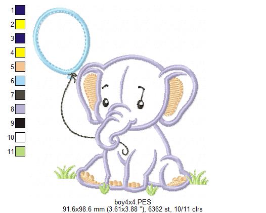 Baby Elephant with Balloon - Appliqué – Machine Embroidery Design