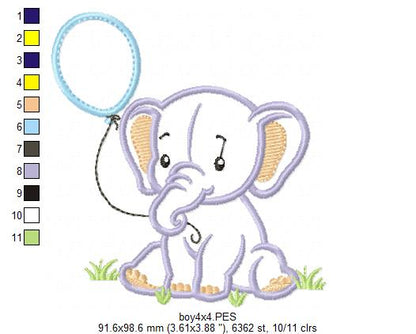 Baby Elephant with Balloon - Appliqué – Machine Embroidery Design