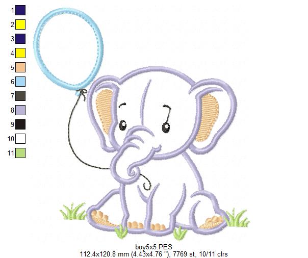 Baby Elephant with Balloon - Appliqué – Machine Embroidery Design