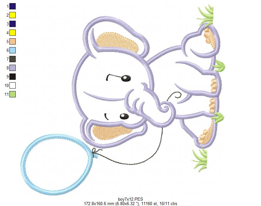 Baby Elephant with Balloon - Appliqué – Machine Embroidery Design