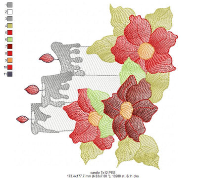 Christmas Candles and Poinsettia - Rippled Stitch Embroidery