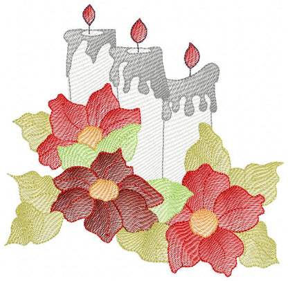 Christmas Candles and Poinsettia - Rippled Stitch Embroidery