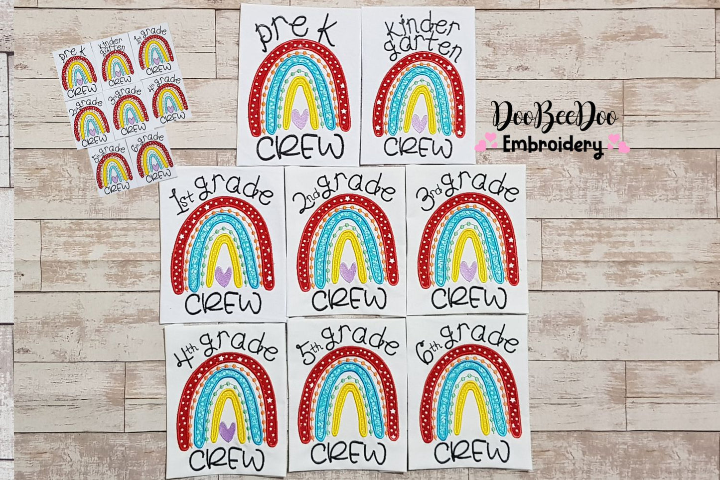 Rainbow Pre-K to 6th Grade Crew - Satin and Bean Stitch Applique - Set of 16 designs