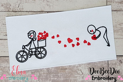 Couple, Bike and Hearts - Fill Stitch
