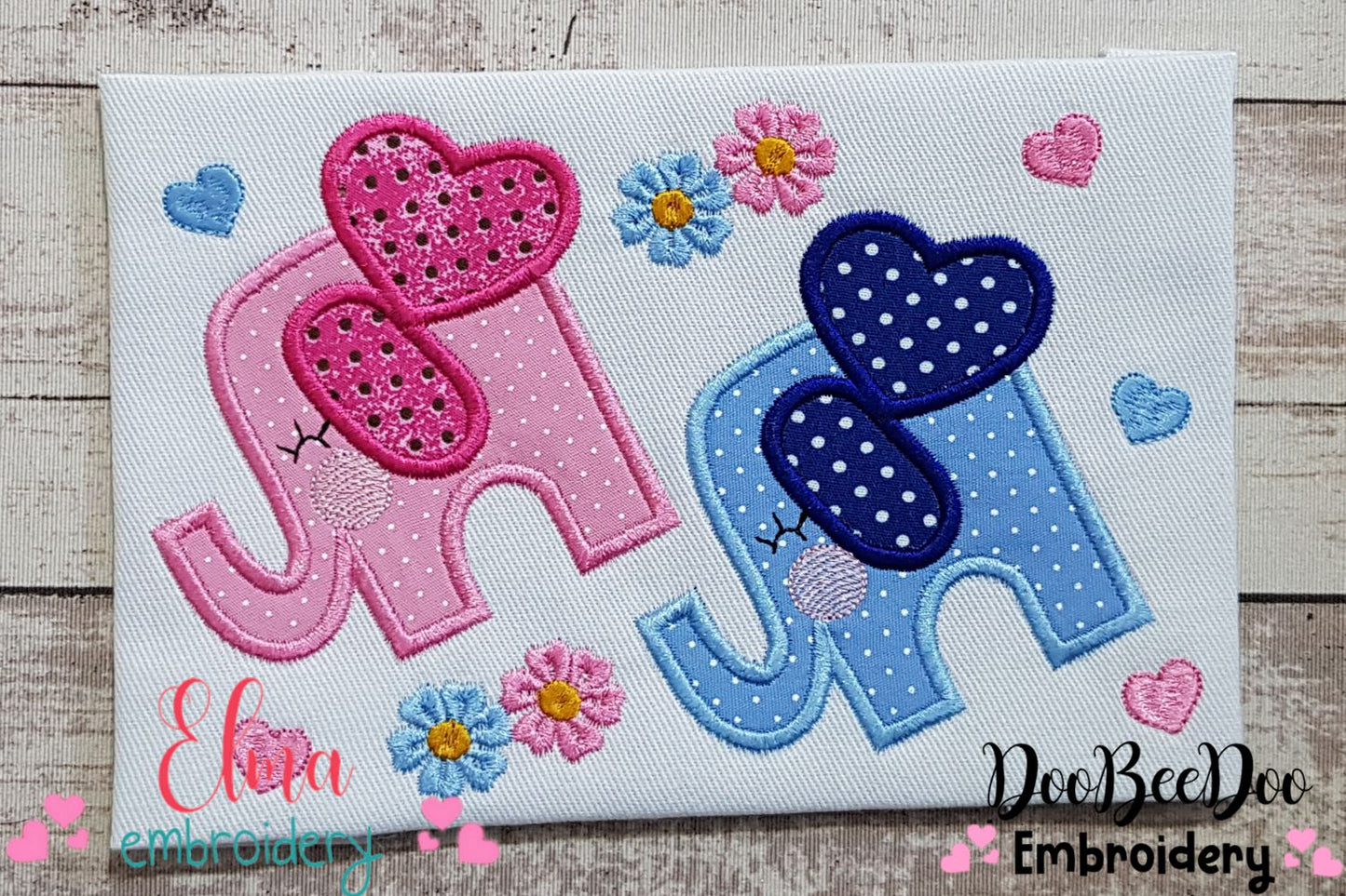 Elephant Boy and Girl, Flowers and Hearts - Applique