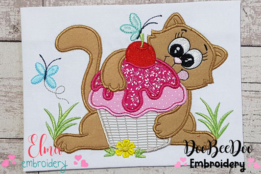 Cute Cat and Cupcake - Applique Embroidery