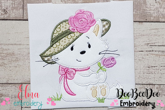 Kitty Girl with hat and Flower - Applique