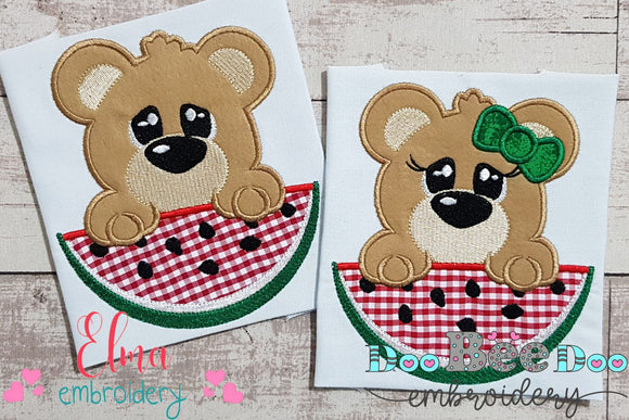 Bear Boy and Girl and Watermelon- Applique - Set of 2 designs
