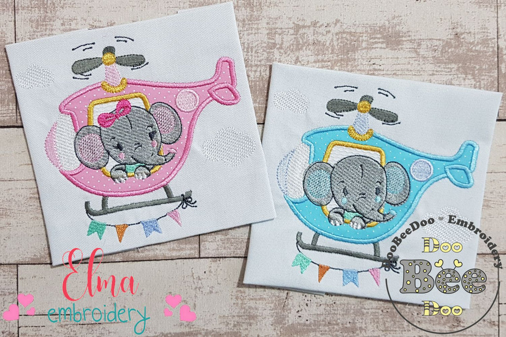 Elephant Boy and Girl in the Helicopter - Applique - Set of 2 designs