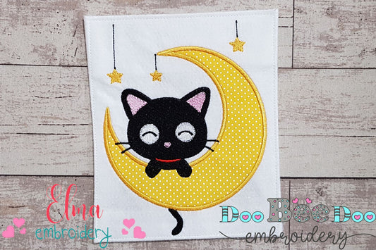 Black Cat on the Moon - Applique - Machine Embroidery Design