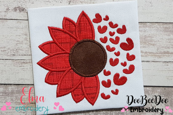 Valentines Sunflower and Hearts - Applique - Machine Embroidery Design