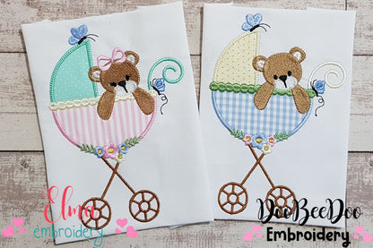 Baby Teddy Bear Girl and Boy in the Stroller - Applique - Set of 2 designs
