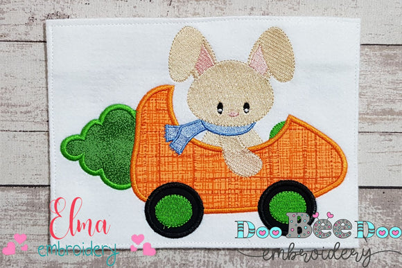 Bunny in a Carrot Car - Applique - machine Embroidery Design