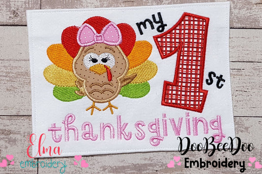 My 1st Thanksgiving Turkey Girl with Bow - Applique