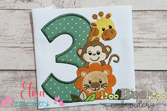 Safari Friends Number Three 3rd Birthday - Applique