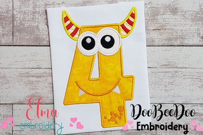 Monster Birthday Number 4 Four 4th Birthday - Applique