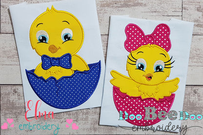 Cute Little Chick Boy and Girl in an Egg - Applique - Set of 2 designs