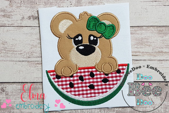 Bear Girl and Watermelon- Applique - Machine Embroidery Design