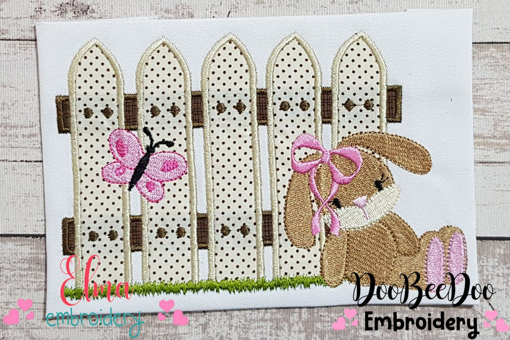 Bunny Girl and Fence - Applique - Machine Embroidery Design