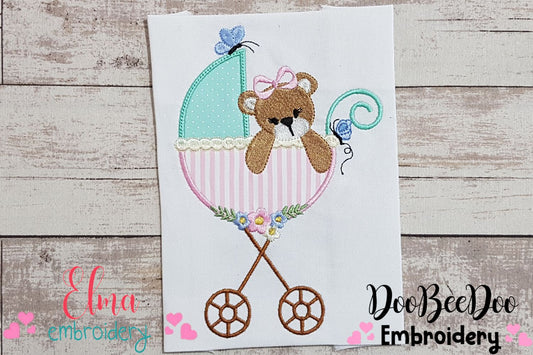 Baby Teddy Bear Girl in the Stroller - Applique Embroidery