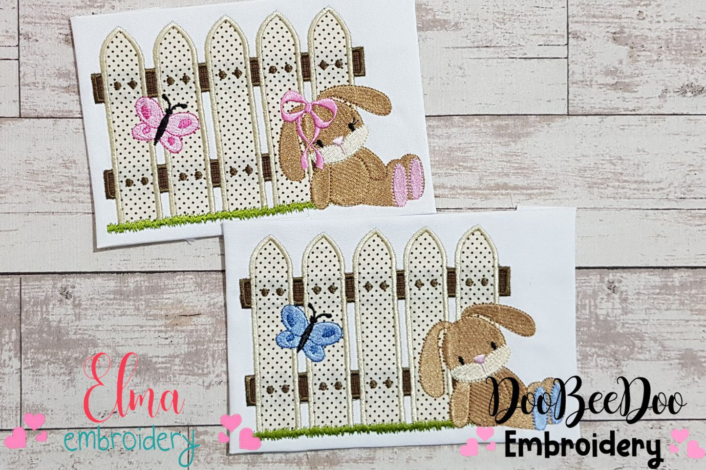 Bunny Girl and Boy and Fence - Applique - Set of 2 designs