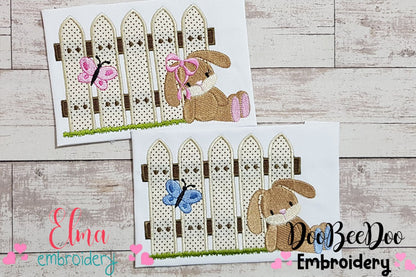 Bunny Girl and Boy and Fence - Applique - Set of 2 designs