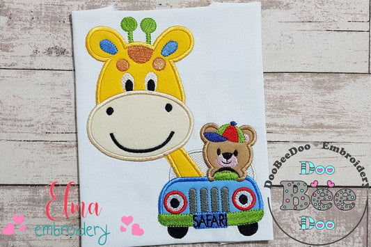 Giraffe and Bear Driving a Safari Car - Applique