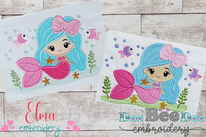 Cute Mermaid with Bow - Fill Stitch & Applique - Set of 2 designs