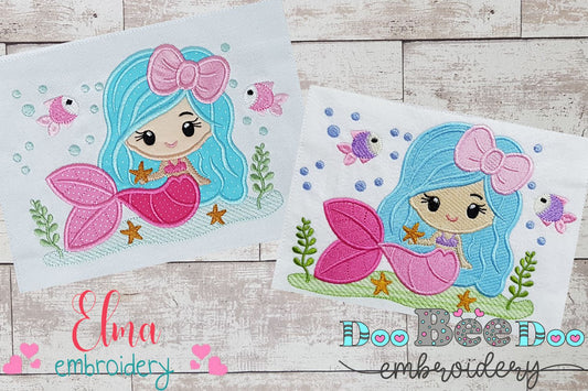 Cute Mermaid with Bow - Fill Stitch & Applique - Set of 2 designs