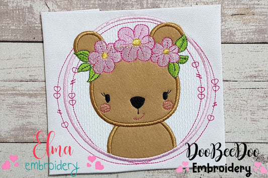 Bear Girl Flowers Frame - Aplique - Machine Embroidery Design
