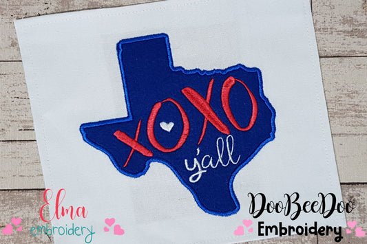Texas Map XOXO Y'all  - Applique - Machine Embroidery Design
