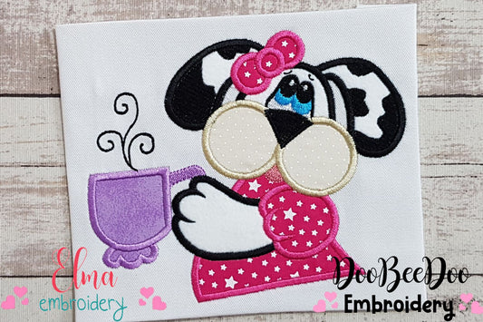 Puppy Girl Having a Coffee - Applique