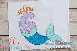 Mermaid Tail Number 6 Six 6th Sixth Birthday - Applique