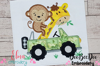 Giraffe and Monkey Driving a Jeep - Safari - Applique
