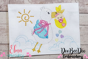 Stork with a Baby Girl - Fill Stitch Embroidery