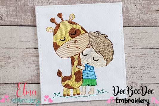 Little Boy Hugging a Giraffe - Rippled