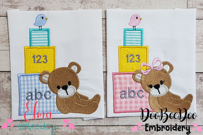 Teddy Bear Boy and Girl and Gift Boxes - Applique - Set of 2 designs