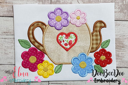 Teapot and Flowers - Applique - Machine Embroidery Design