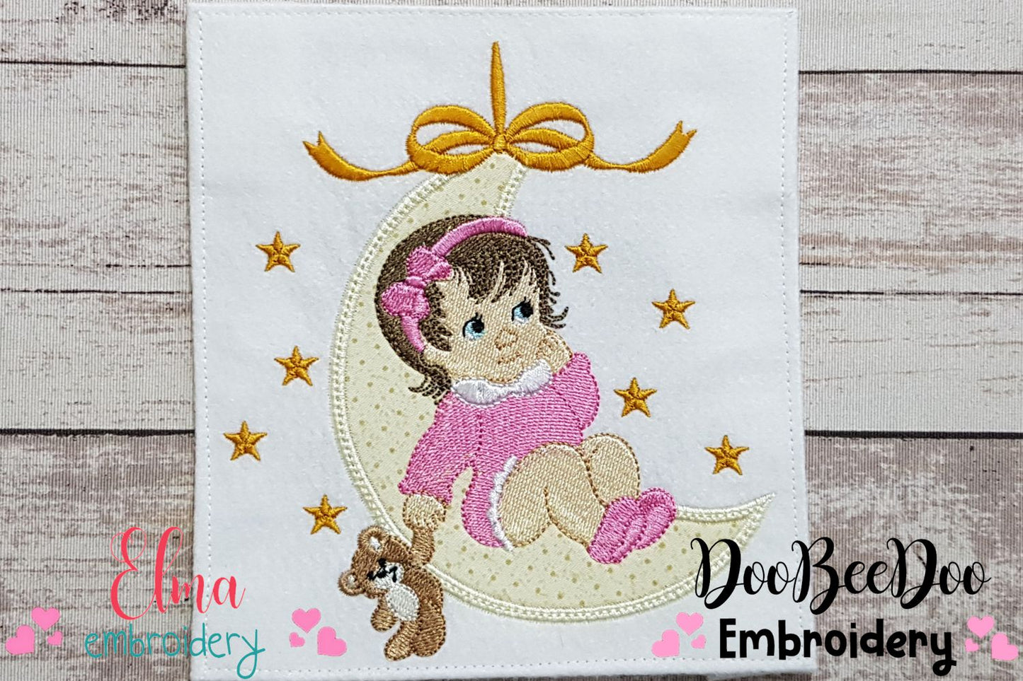 Baby Girl and Teddy Bear on the Moon - Applique