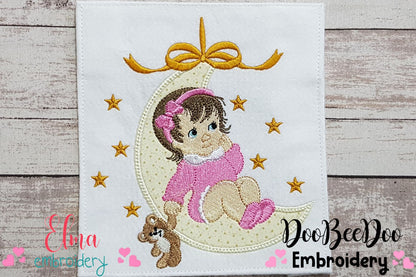 Baby Girl and Teddy Bear on the Moon - Applique