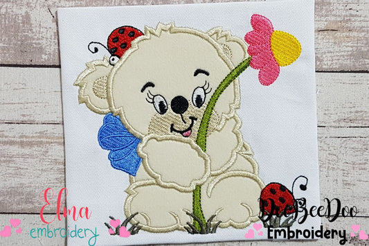 Teddy Bear Girl with Big Flower - Applique