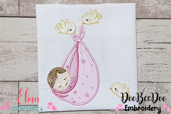 Newborn Baby Girl and Birds - Applique Embroidery