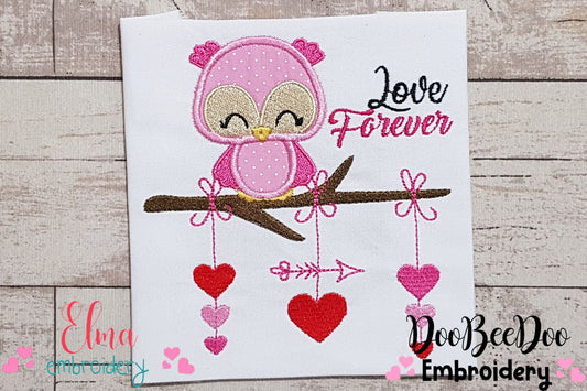 Cute Owl Love Forever - Applique - Machine Embroidery Design
