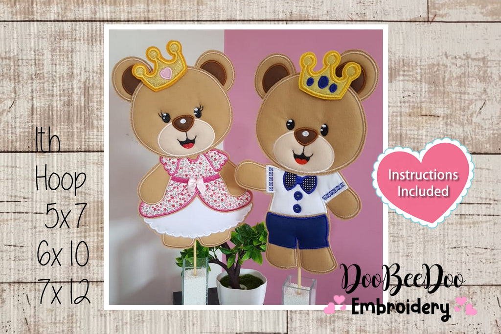 Prince and Princess Teddy Bear Vase Ornament - ITH Project - Machine Embroidery Design