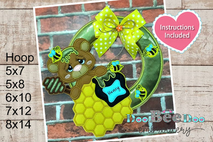 Teddy Bear Spring Honey Wreath - ITH Project - Machine Embroidery Design