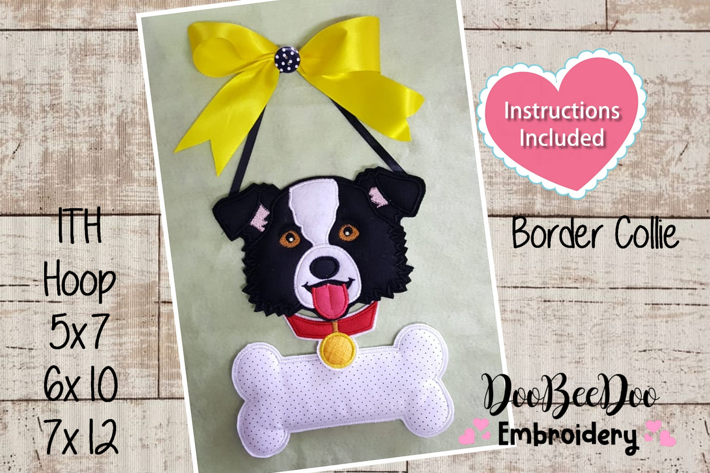 Dog Border Collie and Bone Door Ornament - ITH Project - Machine Embroidery Design