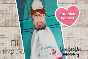 Granny as Sweet as Sugar Chef Girl Dish Cloth Holder - ITH Project - Machine Embroidery Design
